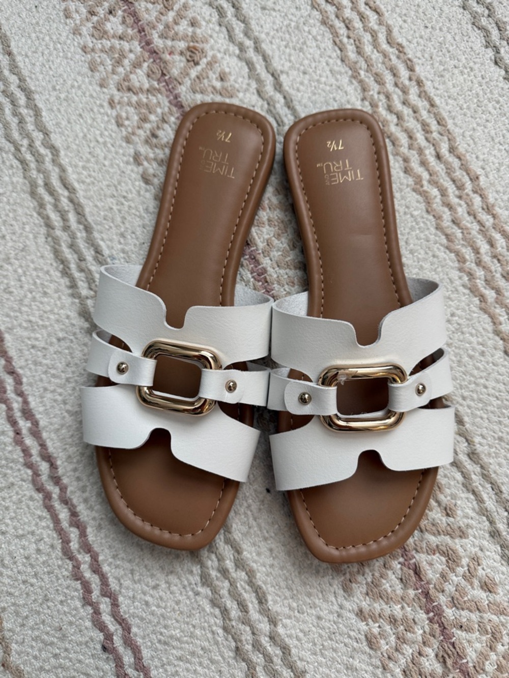 Time and Tru White Slide Sandals with Gold Accent